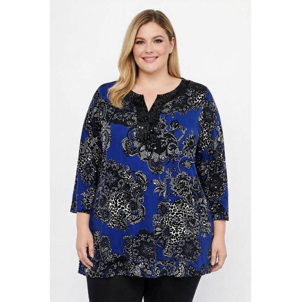 JM Collection Tunic Top Size 2X NWOT Blue Paisley Sequins